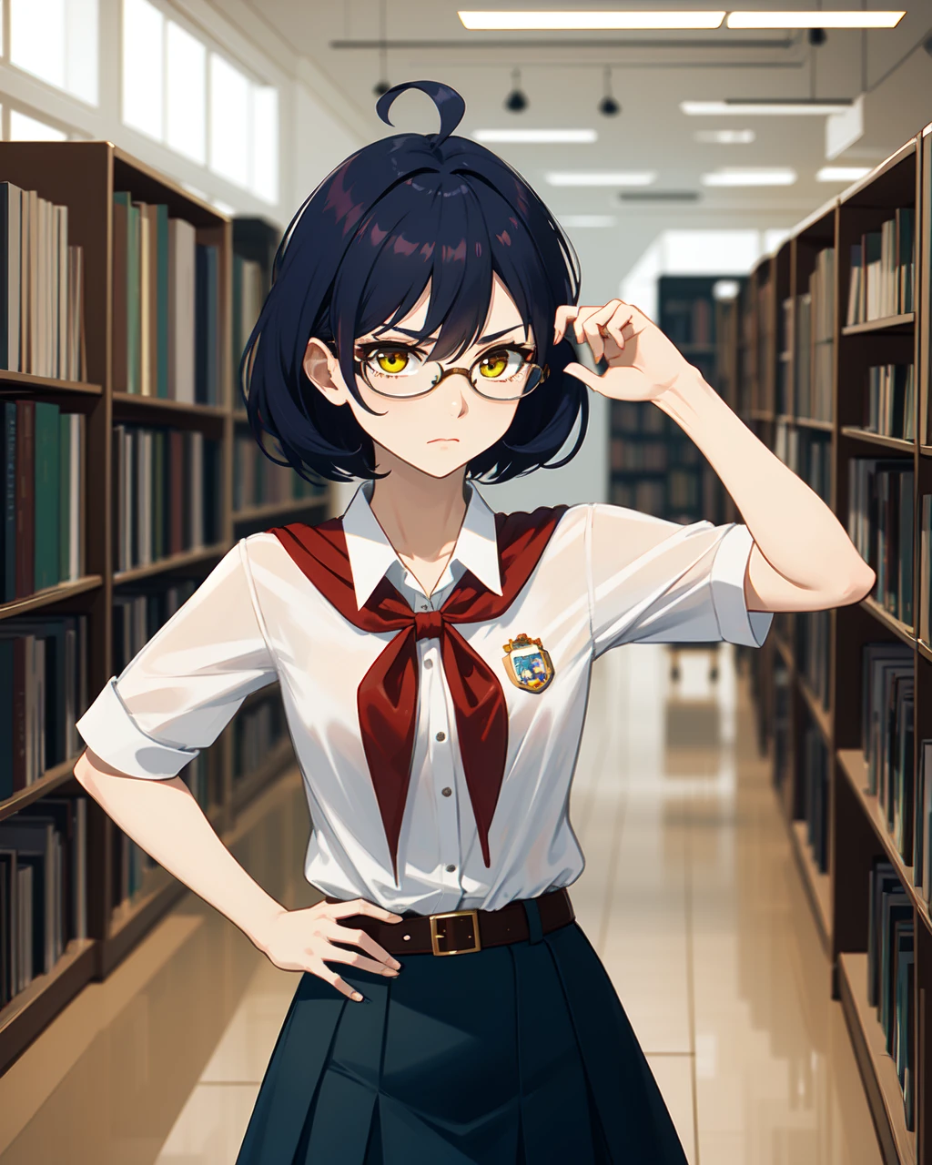 masterpiece, high quality, bljenya, 1girl, detailed, intricated, medium shot, upper body, hand on hip, (dynamic pose:0.9), detailed eyes, (angry:0.9), bored, yellow eyes, blue hair, ahoge, glasses, white shirt, small breasts, red badge on shirt, red bow-tied neckerchief, leather belt, blue skirt, indoors, library, <lora:bljenya-000008:0.6>