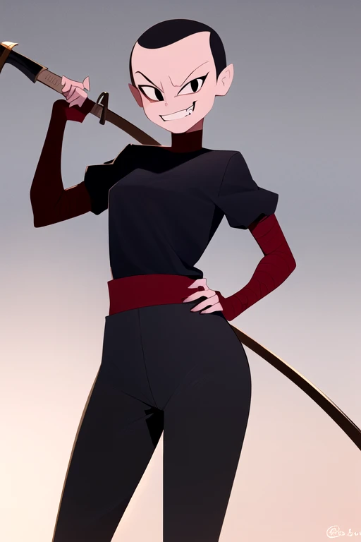 masterpiece, best quality, <lora:cassandra_jones:0.7> 1girl, solo, smile, scythe, hand on hip, grin, weapon, over shoulder, weapon over shoulder, evil smile, black eyes, dark skin, bald, black hair, looking at viewer, black shirt, black pants, red bandages,