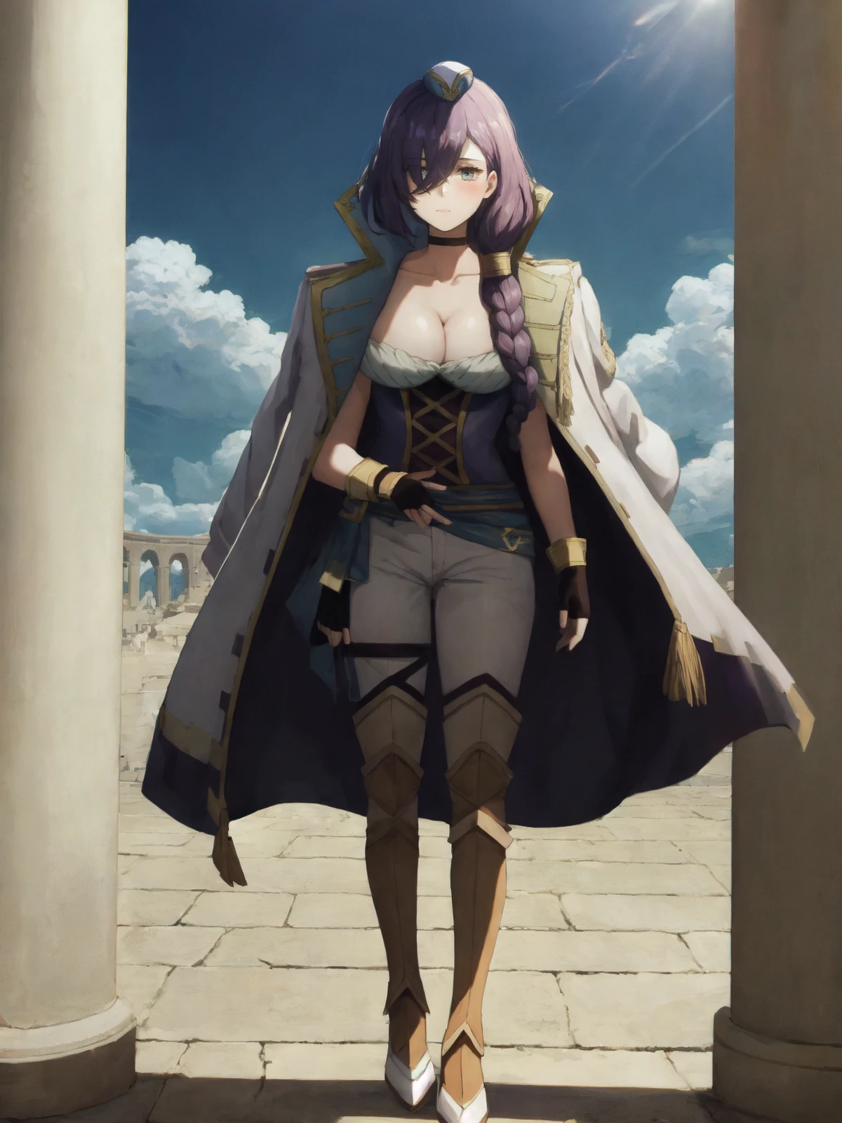 SLE, mksks style, detailed background absurdres, highres, chromatic aberration, (full body), <lyco:GoodHands-beta2:1.0>,
BREAK solo, 1girl, <lora:Hrist:1>, hrist, braid, single braid, side braid, braided ponytail, hair over shoulder,
BREAK hat, choker, white and blue jacket, jacket on shoulders, cleavage, blue corset, gold trim, white pants, knee boots, white footwear, black gloves, fingerless gloves,
BREAK standing, expressionless, light frown, v arms, own hands together, legs together, looking at viewer, blush,
BREAK colosseum, greco-roman architecture, pillar, blue sky, clouds, sunlight, outdoors