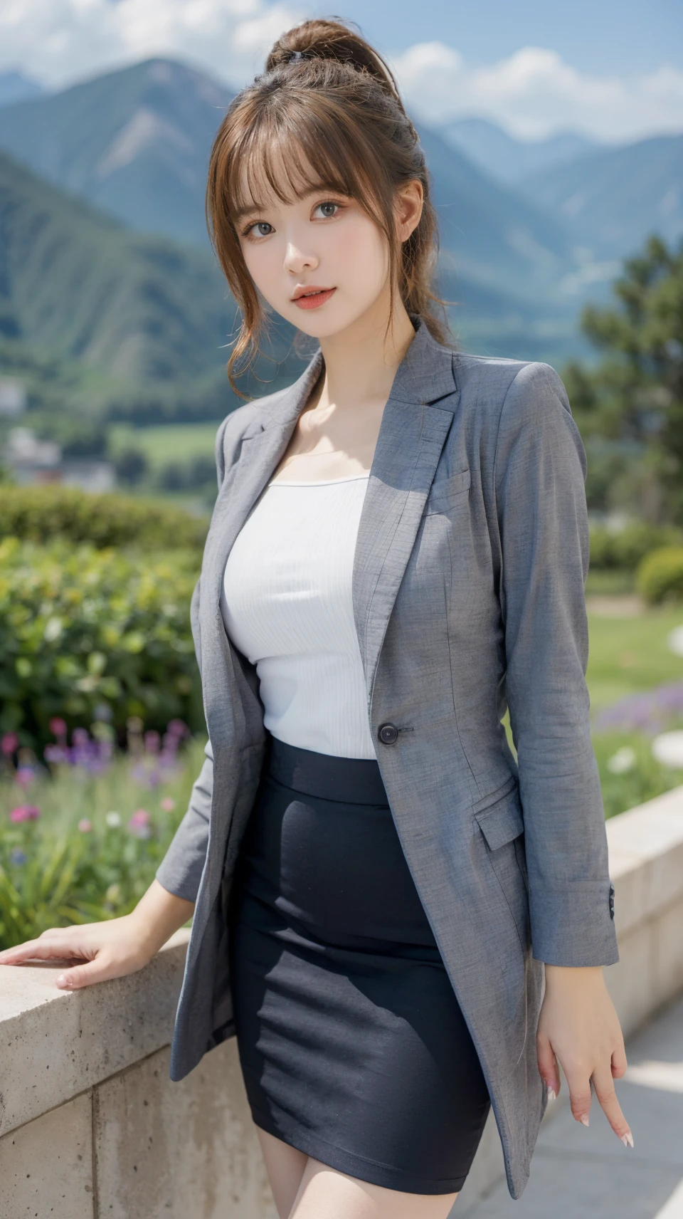 best quality,HDR,UHD,8K,Vivid Colors,solo,front view,photo_(medium),(1girl:1.3),(looking at viewer:1.4),ponytail,
<lora:add_detail:0.5>,standing,outside,sky,mountain,flower,<lora:rc12:0.75>, rc,pencil skirt,coat,shirt,