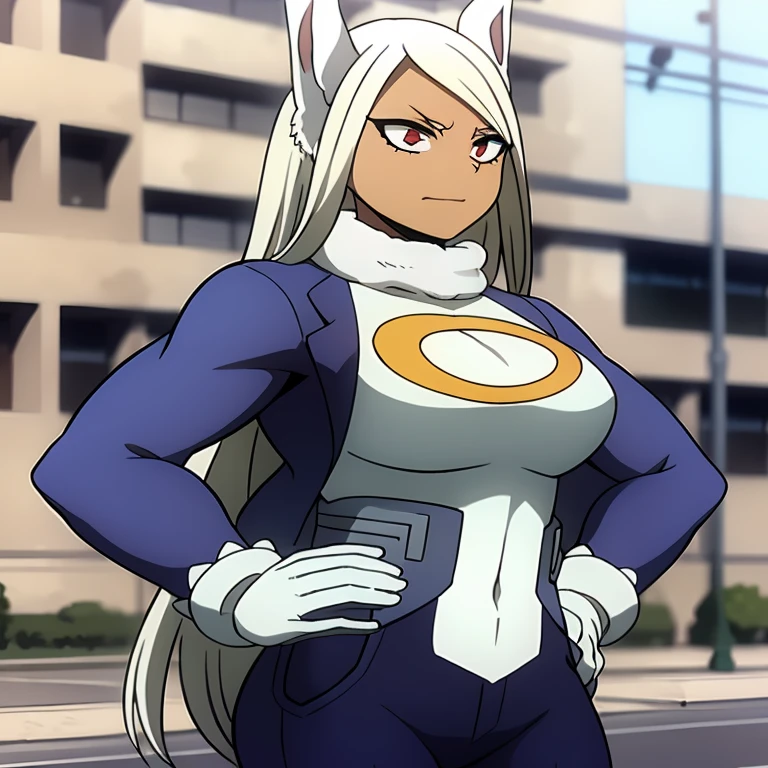 masterpiece,best quality,1girl(msm woman),standing,hands on hips,(jacket,jean pants),from front,cover, <lora:mirko-kekeo-nounet:0.8>