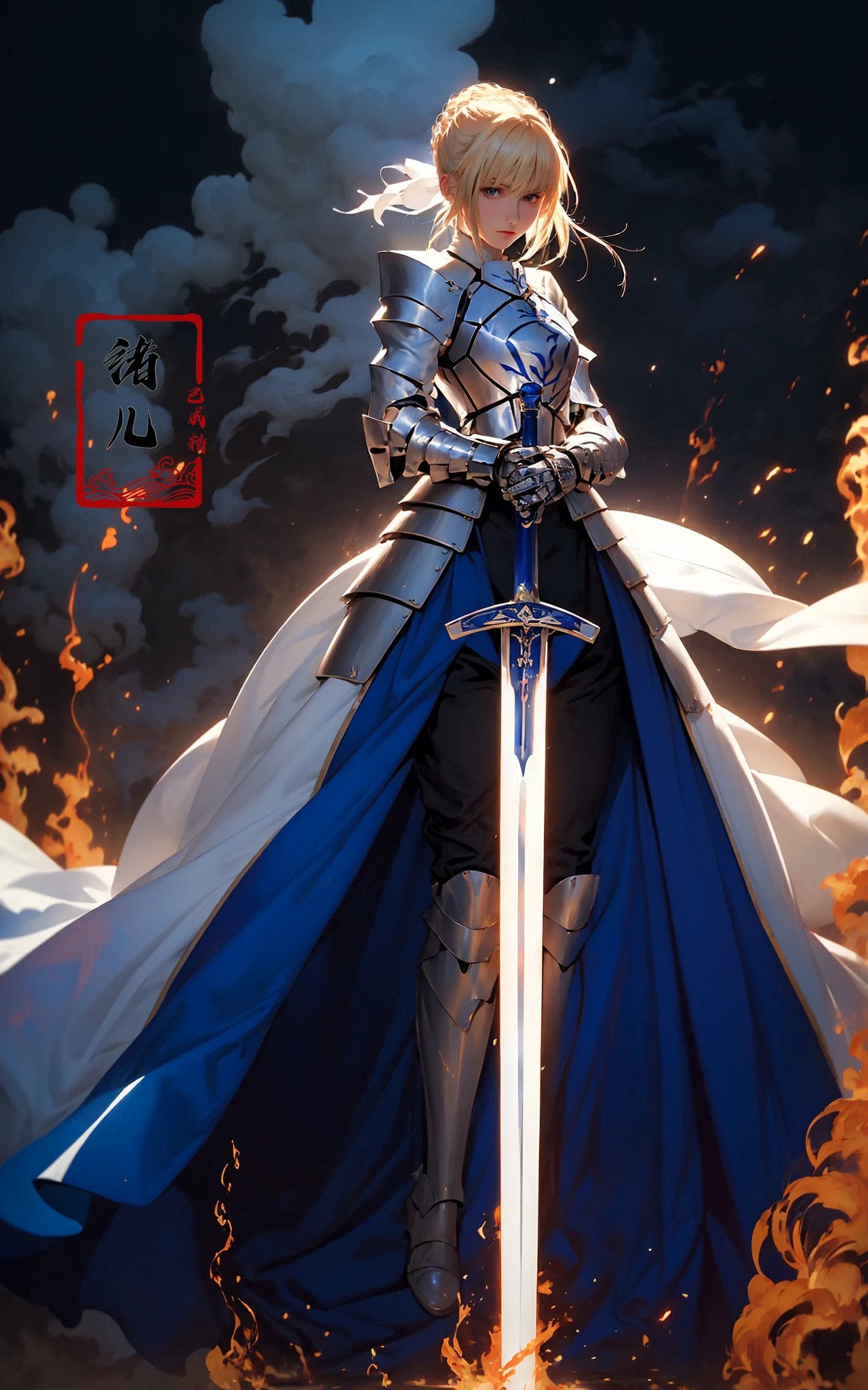 Saber1girl, In hand huge flame great swordwhite blue dressBlue capeBlue bowgorgeous armorplatinum blonde hair
A shot with tension(sky glows red,Visual impact,giving the poster a dynamic and visually striking appearance:1.2),
<lora:~Q?-Saber:0.8>