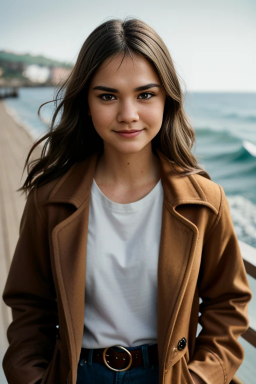 m4i4itch311, brown eyes, smile, t-shirt, (brown coat:1.3), blue jeans, belt, outdoors, ((pier facing the ocean)), <lora:Maia_Mitchell_PMv1_Lora:1.3>,, ((Portrait Photography)), RAW candid cinema, 16mm, color graded portra 400 film, remarkable color, ultra realistic, textured skin, remarkable detailed pupils, realistic dull skin noise, visible skin detail, skin fuzz, dry skin, shot with cinematic camera