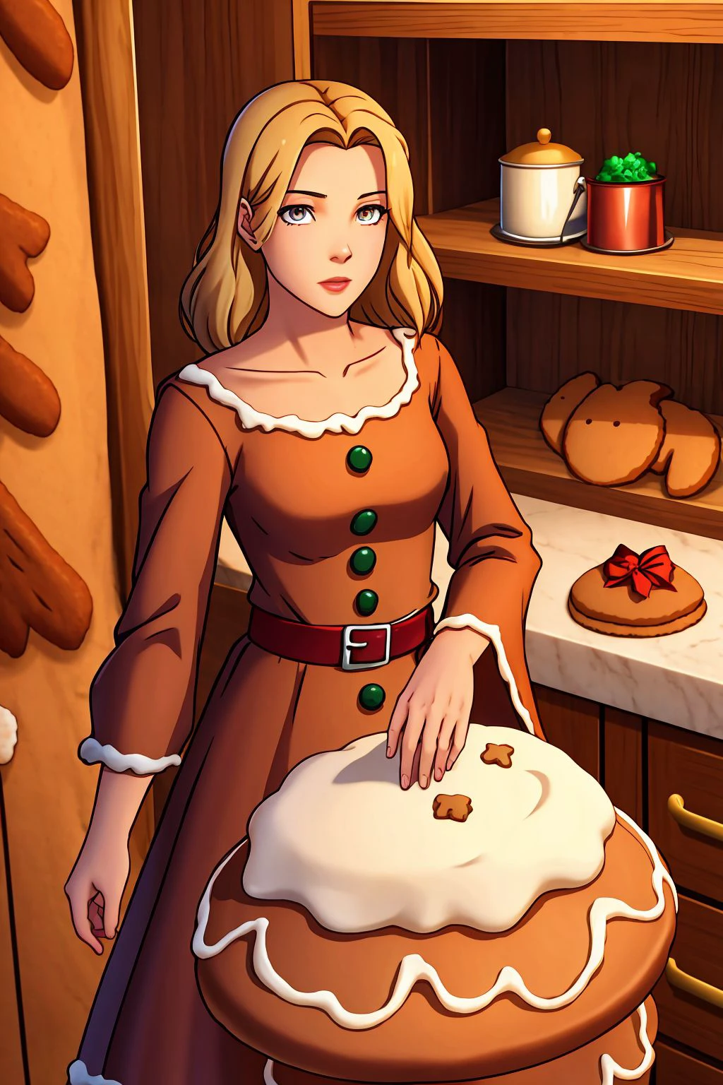 young woman, medium blonde hair, peach eyes, (gingerbread dress) <lora:Gingerbread Dress_v1:1>, kitchen