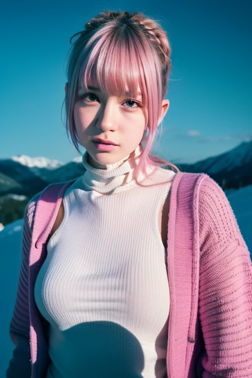 Analog photography featuring a melancholic American adult model (Ivy Snow) amidst the shadows of a dimlit mountain at night, blonde curvy-girl (18yo, Smokey eyes, very pale skin(PORCELAIN SKIN), large breasts, tightened thighs, huge ass, Chubby blonde-girl)-Bold pink-lips, Pout face expression. Her bright blue-eyes(piercing through the darkness). ((from the above view)) Ivy Snow sports a playful graphic tee((with mint green-white stripes))that accents her large breasts, tucked into form-fitting black legging(for a casual yet eye-catching outfit), a Knitted Beanie(with a largered-ribbon-bow detail). Standing all in CANDID poses, and holding a plastic-bag, The photograph captures the cold of the outdoors(with its Sad atmosphere and the sense that something oppressive is about to unfold). A subtle haze and a soft focus on the background enhance the quality of the image, (backlighting), Horror movie effects, The natural light casts long shadows, accentuating the desaturated colors and oppressive & frost atmosphere of this vintage-photography-style image. A 70mm grainy film captures the scene, with a bokeh effect softening the focus, ((color image in a (pink/teal)-monochrome tones))-enhancing the overall composition.
