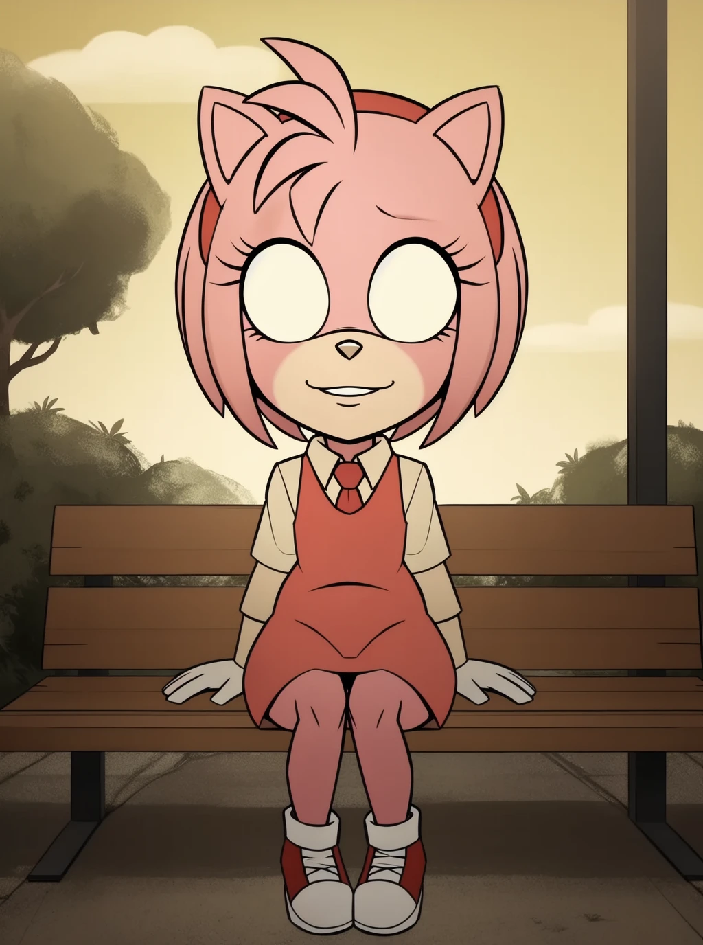 solo,posing,furry,amy rose,full body,1girl,(no pupils:1.2),don't starve,bus stop,<lora:Don't starve style Vpred:0.5>,