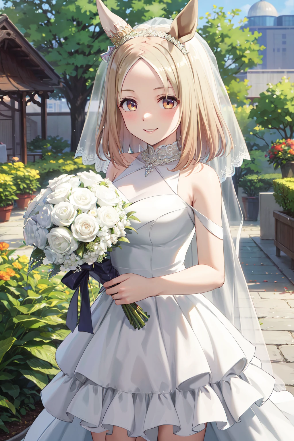 masterpiece,best quality,highres,ultra-detailed,aatopro,yellow eyes,horse ears,medium hair,parted bangs,<lora:narita_top_road_(umamusume):0.8>,(wedding dress:1.2),white dress,(veil:1.2),garden,smile,outdoors,standing,cowboy shot,holding bouquet,