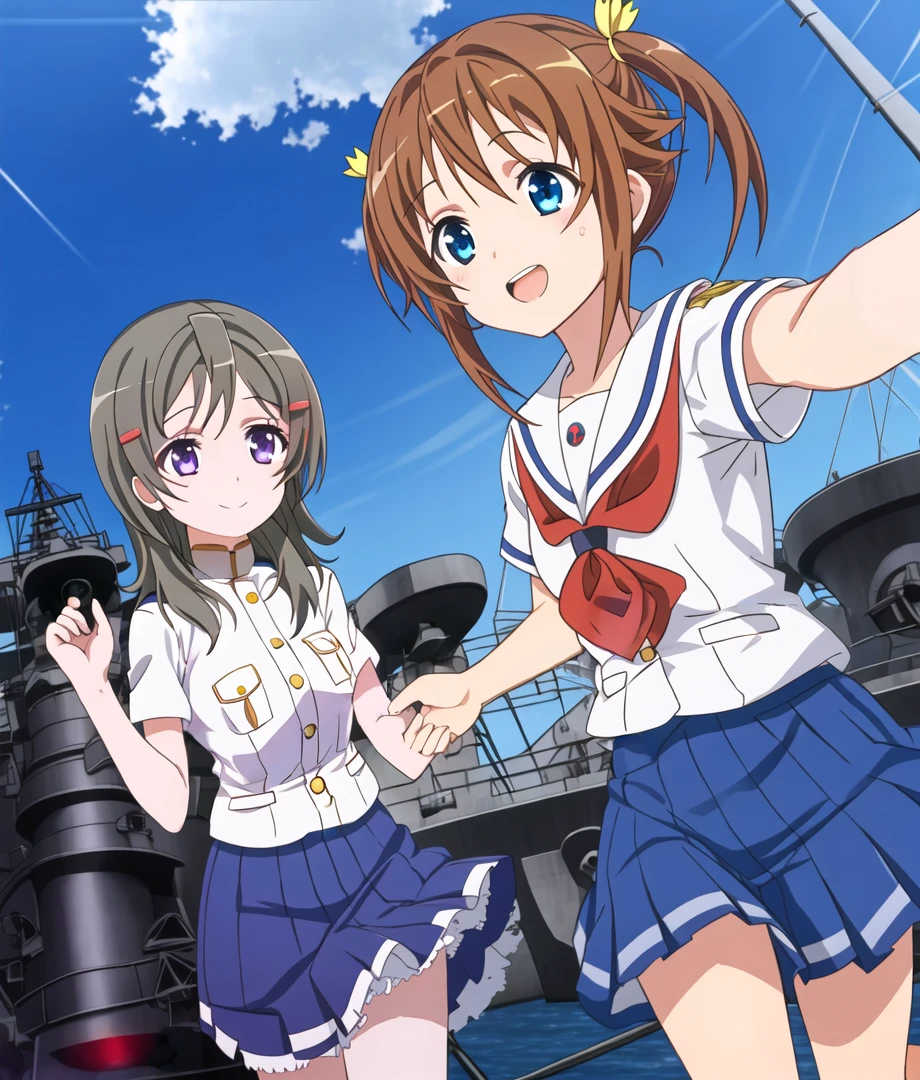 2girls, smile, military uniform, thumb, ship, canon, mast, vessel, holding, 
<lora:GoodHands-vanilla:1>, <lora:kohakuV5_rev2:0.4>, <lora:haifuri-loha-bundle-60000:1>, <lora:hotarubreedAnimemix_v10:0.4>