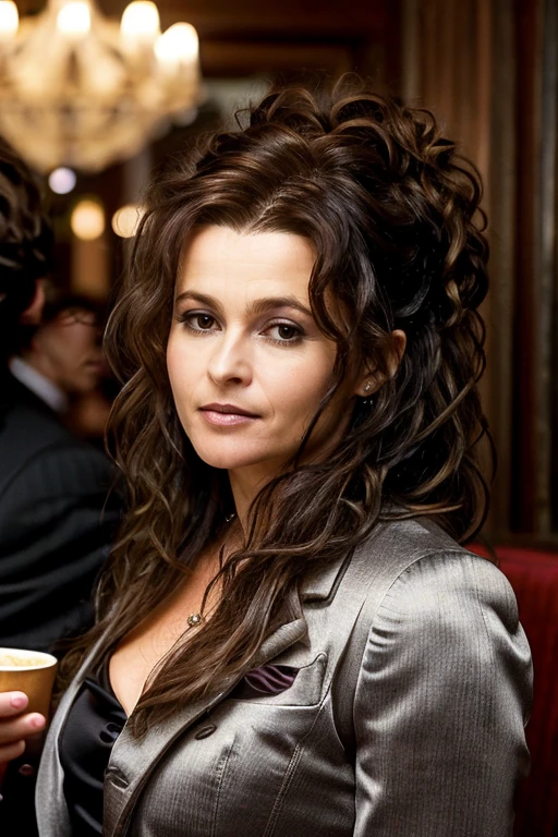 masterpiece,best quality, detailed face, business suit, in a restaurant,<lora:Helena_Bonham_Carter:1> 1girl, solo, a mature 40 year old hb1873c, brown hair, wavy,messy,up do, hair,