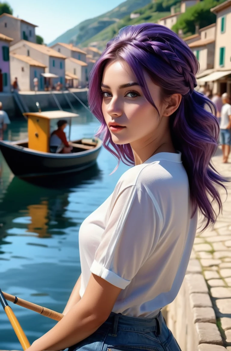 masterpiece of photorealism, photorealistic highly detailed 8k photography, best hyperrealistic quality, volumetric lighting and shadows, french twist purple hair young woman in casual clothes, Fishing Villages full of busy people, Slow Zoom Out on a Vast Landscape