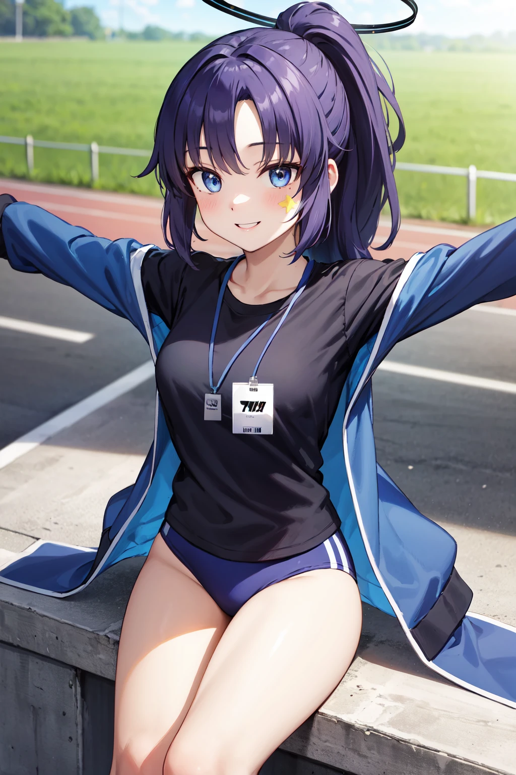 masterpiece,best quality,highres,ultra-detailed,bbyuuka,halo,blue eyes,purple hair,long hair,ponytail,parted bangs,sticker on face,star sticker,blue jacket,track jacket,long sleeves,gym uniform,id card,lanyard,black shirt,short sleeves,blue buruma,shoes,<lora:yuuka_(blue_archive):0.8>,smile,cowboy shot,sitting,stretch,outstretched_arms,