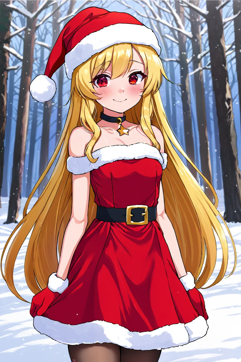 masterpiece, best quality,
long hair, blonde hair, wavy hair, red eyes, flat chest, dress, santa hat, choker, smile, arms behind back,
portrait, snow, forest,