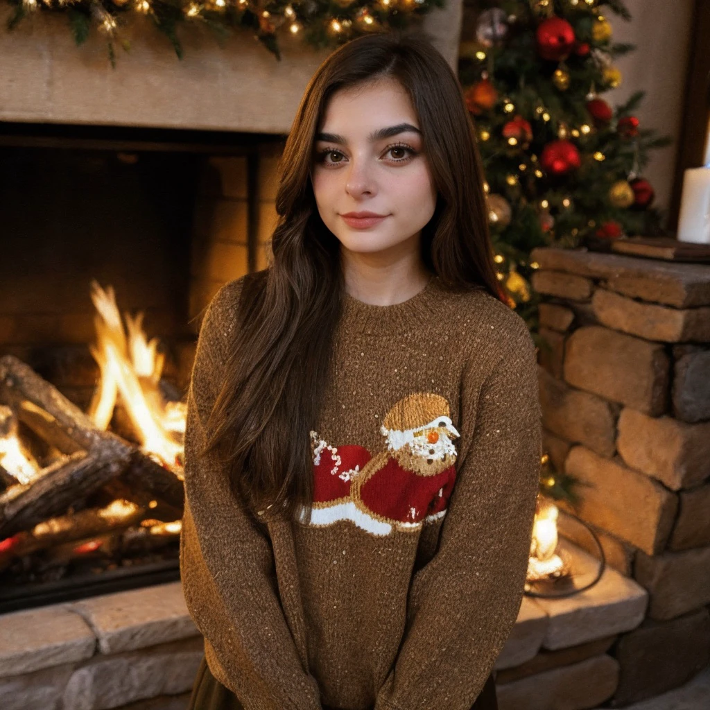 <lora:deputyaruuu_sd15_512_128_64_v1:1>deputyaruuu, 1girl brown weavy hair, wearing a christmas sweater, christmas decoration in background, lit fireplace in background