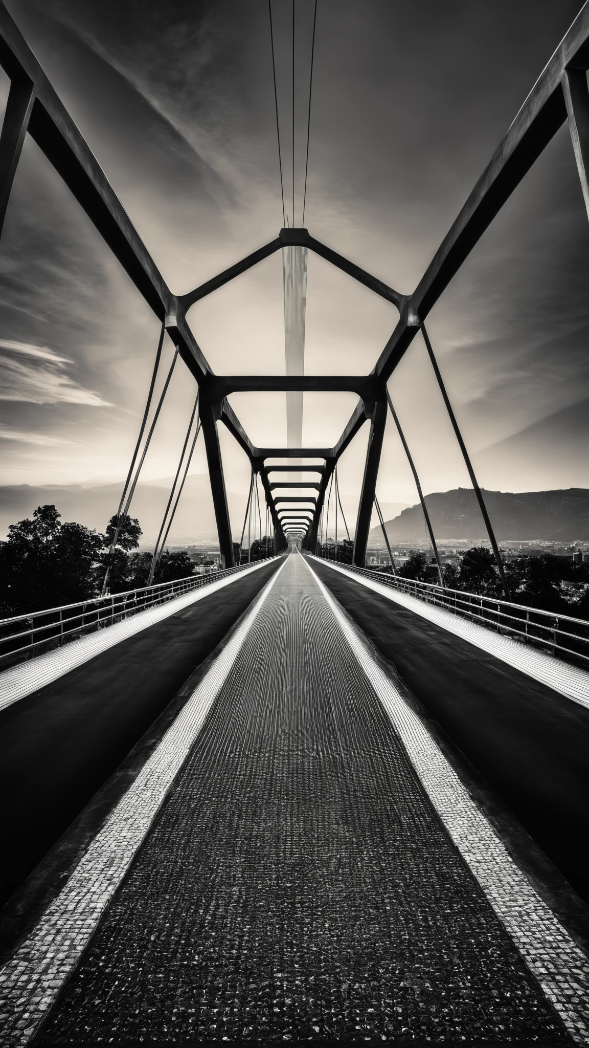 monochrome, greyscale, outdoors, tree, no humans, shadow, traditional media, building, scenery, stairs, road, street, A futuristic bridge, its sleek lines and converging cables spanning across a vast expanse, an engineering marvel against the backdrop of the sky:1.4., by  Robert Elswit<lora:One_Point_perspective:1><lora:One_Point_perspective:1><lora:One_Point_perspective:1><lora:One_Point_perspective:1>