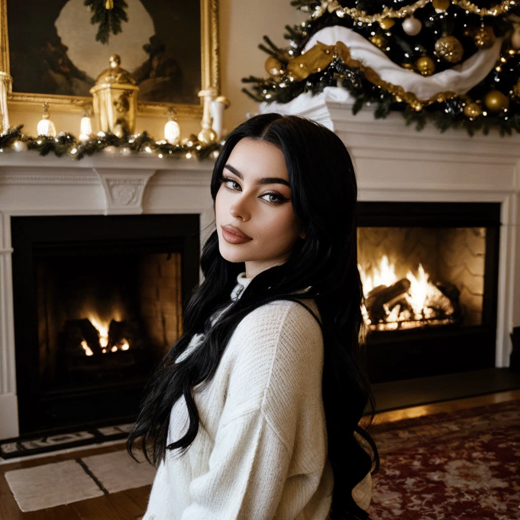 <lora:emmanorts_sd15_512_128_64_v1:1> emmanorts, 1girl black long weavy hair, wearing a christmas sweater, christmas decoration in background, lit fireplace in background