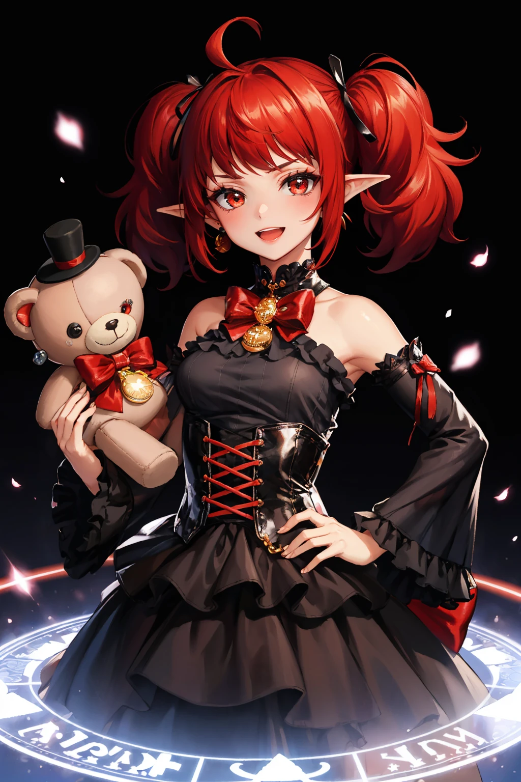masterpiece, best quality, <lora:dnfenchantress-nvwls-v1-000009:0.9> dnfenchantress, twintails, hair bow, earrings, bare shoulders, black dress, corset, detached sleeves, :D, furrowed brow, magic circle, black background, looking at viewer, upper body, hands to hips, holding teddy bear, stuffed animal