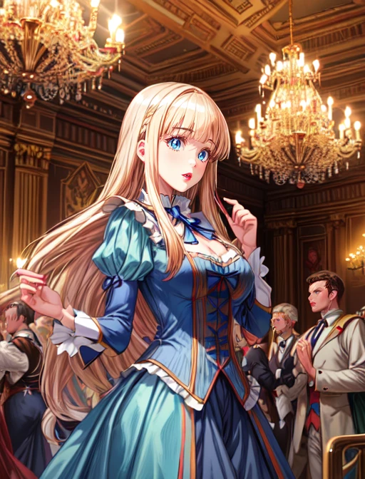best quality, masterpiece, highres, detailed, digital illustration, <lora:Detail - add_detail:0.2>, PrincessMia20, blue eyes, blonde hair, blunt bangs, long hair, aqua dress, ribbon, lipstick, <lora:Character - PrincessMia20:0.8>, party, medieval, chandelier, multiple people in background, ballroom,