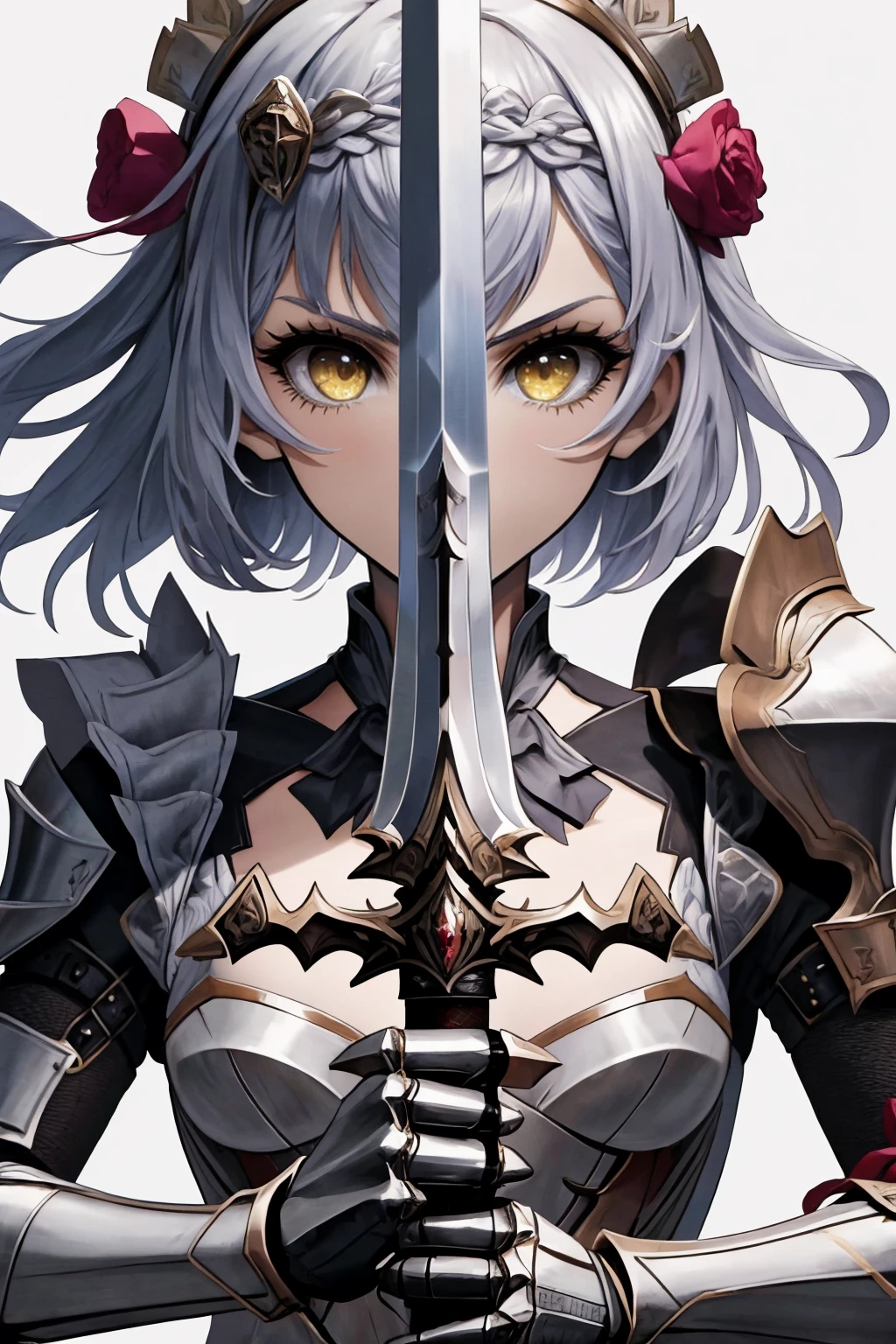 masterpiece, best quality, 1girl, solo, <lora:swordup-pose-richy-v1:1> swordup, looking at viewer, <lora:noelleGenshinImpact_v10:0.75> noelledef, close-up, yellow eyes