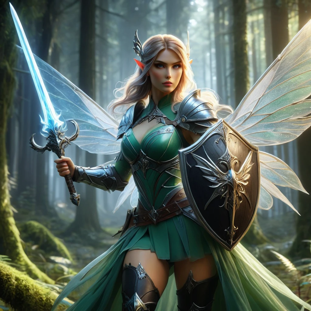 an action shot of a beautiful female fairy wielding a magical sword and shield, beautiful wings, magical forest in background, HD, masterpiece, best quality, hyper detailed, ultra detailed,