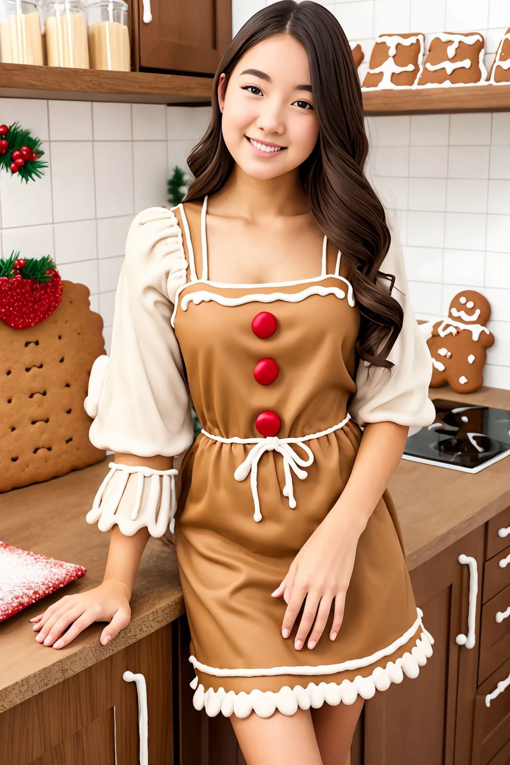 young woman, white hair, brown eyes, (gingerbread dress) <lora:Gingerbread Dress_v1:1>, kitchen