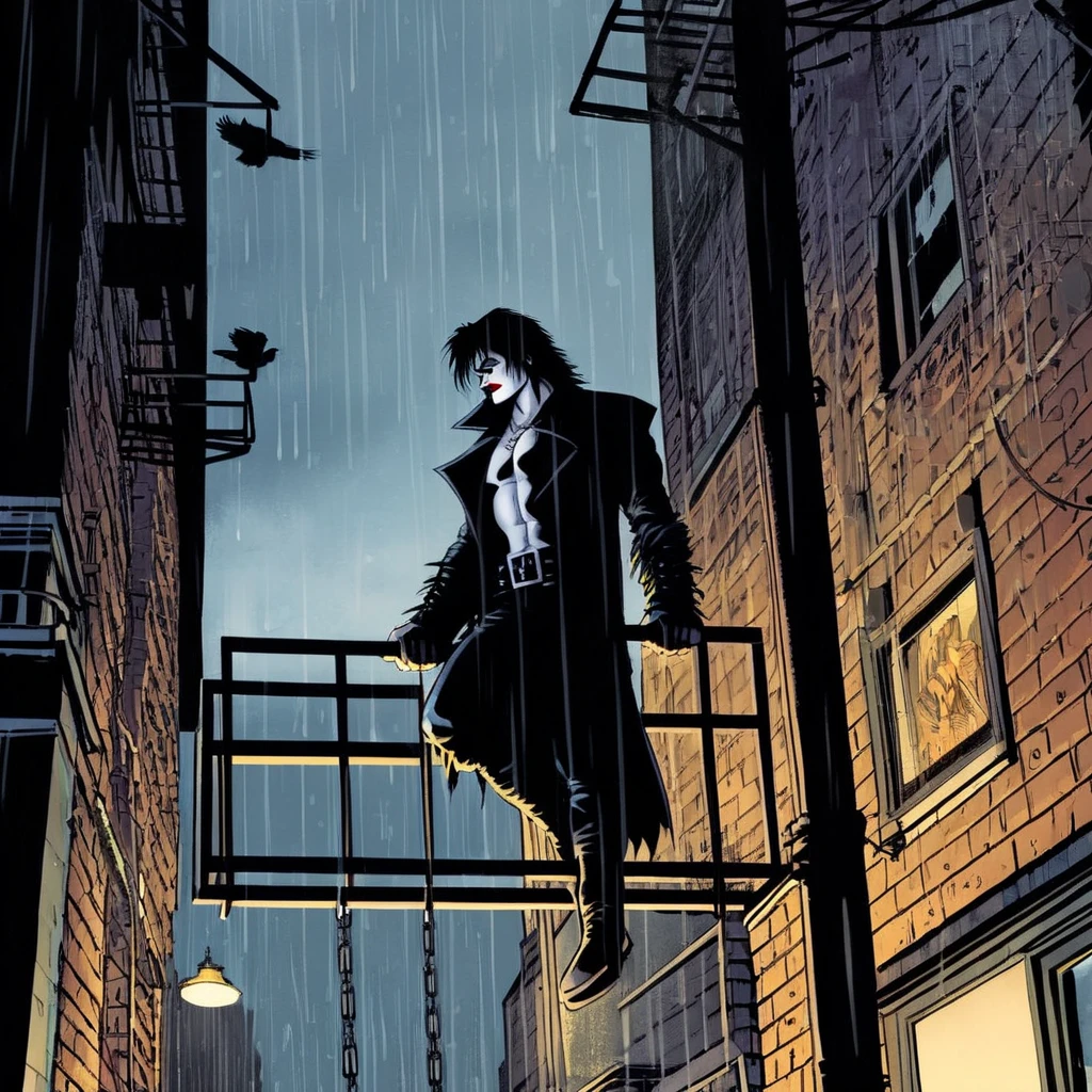 comic book art of <lora:Eric Draven The Crow:1.2>
Eric Draven The Crow a drawing of a man on a scaffolding hotel sign in dark alley in rain Graphic Novel Style, comic art, graphic novel illustration