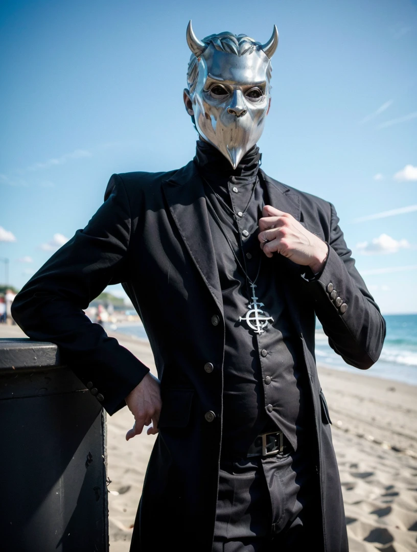 RAW photo, thin 1man, black priest rob, chrome devil mask, artistic pose, complex beach background, 8k uhd, dslr, soft lighting, high quality, film grain, Fujifilm XT3, (intricate details:0.9), (hdr, hyperdetailed:1.2)
<lora:NamelessGhoul:0.7> NamelessGhoul