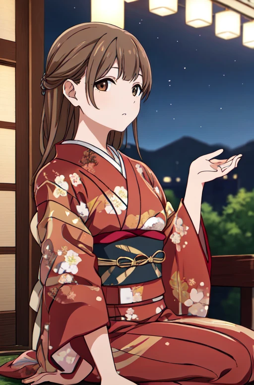 masterpiece, highres, <lora:YasukoNawashiroR4:0.7>, YasukoNawashiroR4, brown eyes, brown hair, kimono, night,