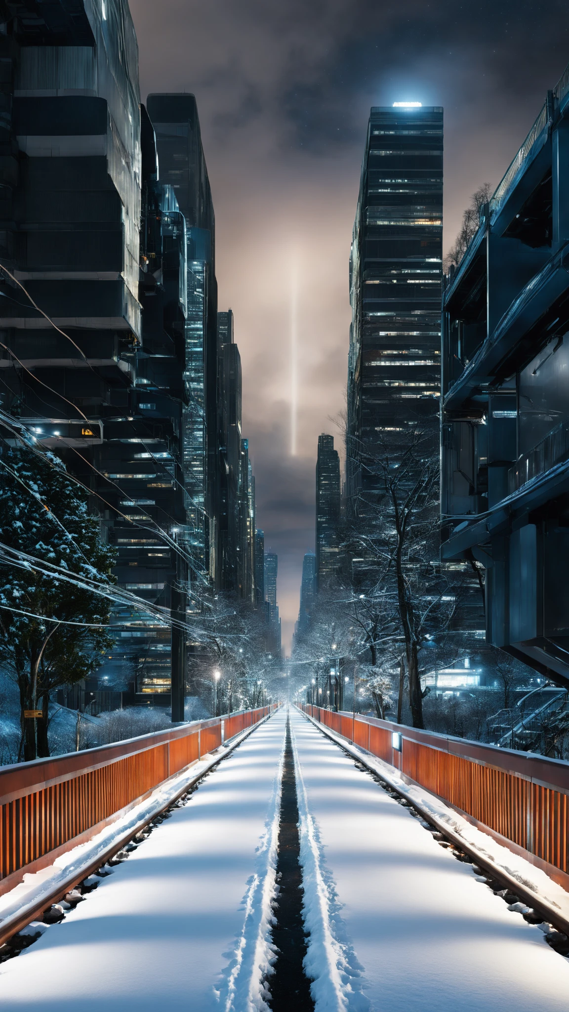 outdoors, sky, cloud, tree, no humans, night, building, night sky, scenery, snow, fence, road, winter, power lines, lamppost, bare tree, street, lights, railroad tracks, A futuristic cityscape seen from the end of a long, symmetrical corridor, with towering skyscrapers and dazzling lights creating a mesmerizing convergence, a breathtaking glimpse into a cybernetic metropolis:1.5., by Claudio Miranda<lora:One_Point_perspective:1><lora:One_Point_perspective:1><lora:One_Point_perspective:1><lora:One_Point_perspective:1>