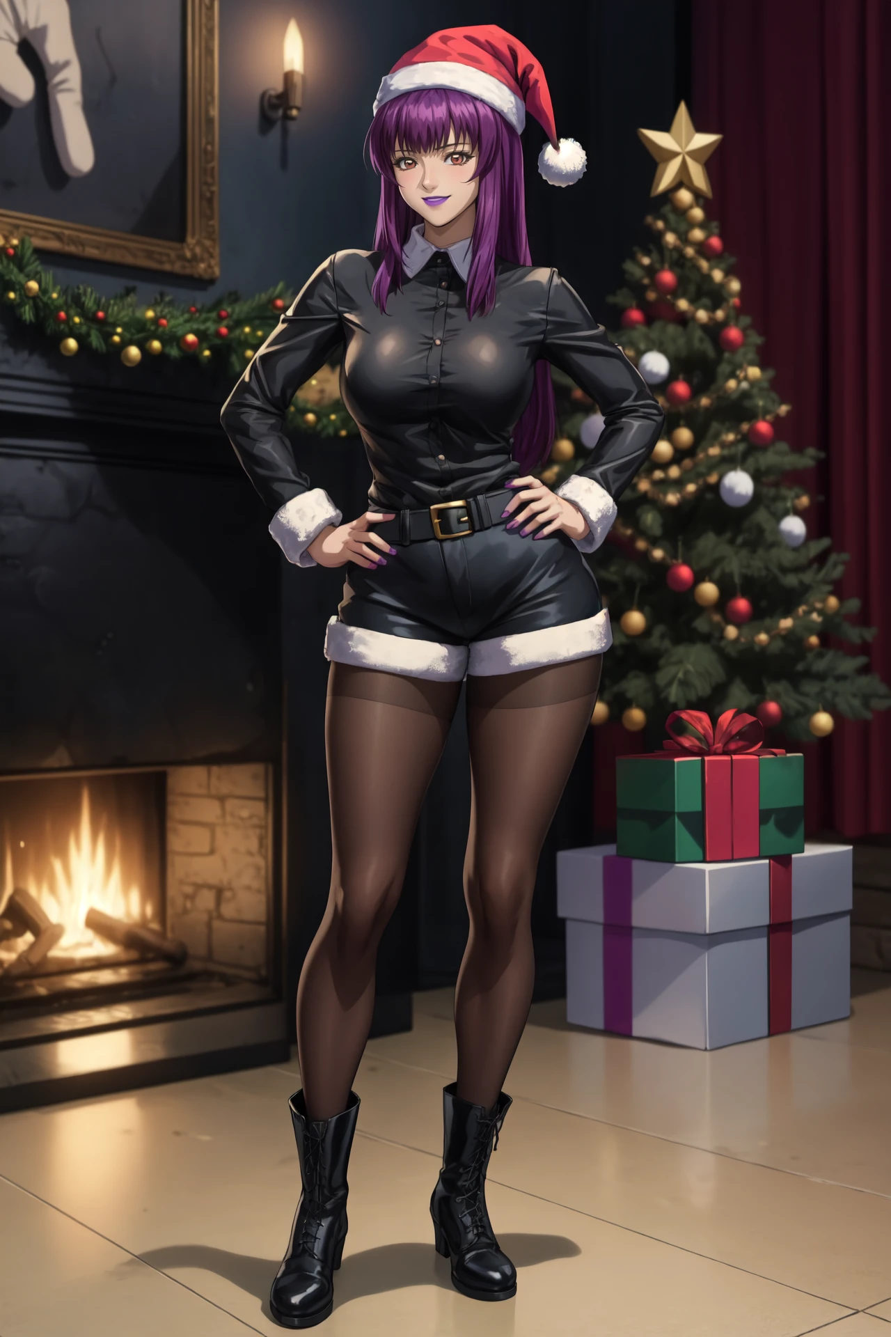 purple hair, 1girl, brown eyes, lipstick, long hair,
1girl, solo,hibinoyayoi, smile, standing, hand on hip, (full body:1.1), looking at viewer,
(black shirt) , shorts, santa hat, pantyhose, combat boots,
indoors, room, dark atmosphere, christmas tree,
<lora:HibinoYayoi2:1>