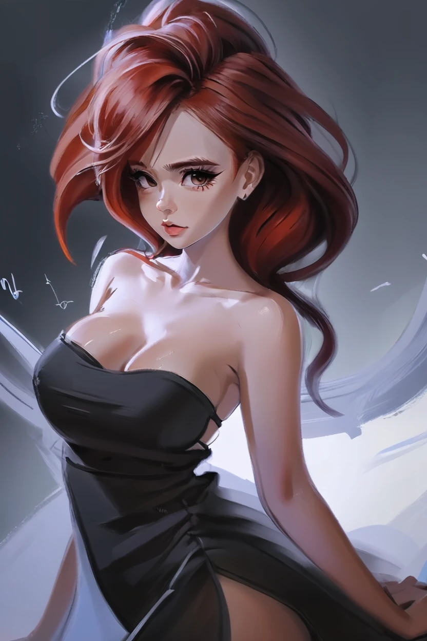 anime style digital painting, 1girl, woman, malevolent goddess, (makeup:1.3),(flowing dress:1), bombshell hair, red hair, French Roll, average figure, japanese<lora:EnvyAnimeDigitalPaintingXL01:0.7>