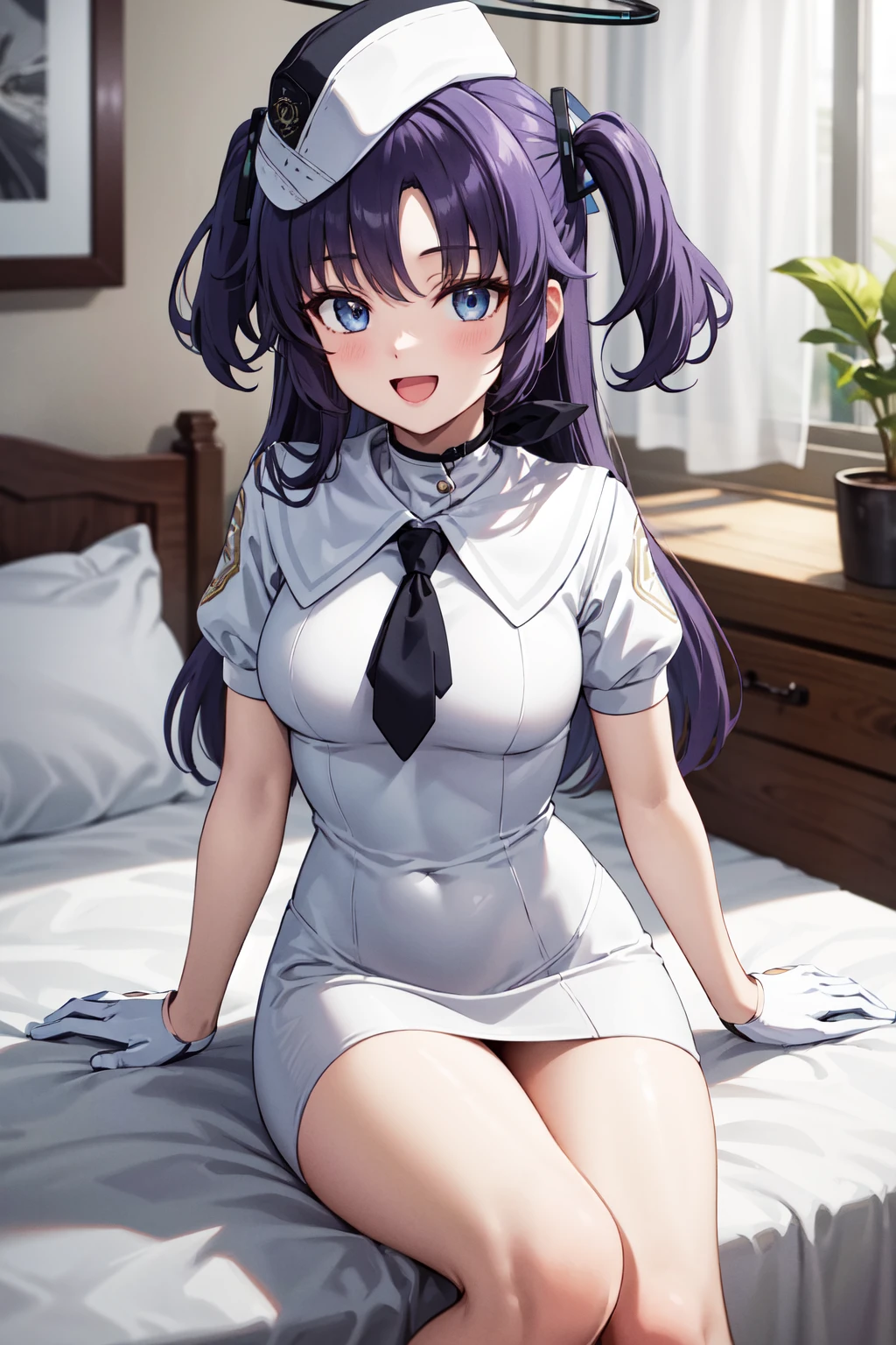 masterpiece,best quality,highres,ultra-detailed,ddyuuka,halo,blue eyes,purple hair,long hair,two side up,bangs,hat,necktie,white dress,short dress,short sleeves,white shirt,half gloves,(white gloves:1.2),pencil skirt,thighs,boots,high heels,white footwear,<lora:yuuka_(blue_archive):0.8>,indoors,:d,cowboy shot,sitting, bed,
