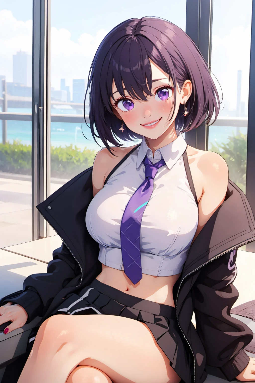 (masterpiece, best quality:1.2), <lora:neocoill:1>, neocoill, purple necktie, 1girl, solo, jacket, jewelry, black jacket, purple hair, necktie, bracelet, short hair, shirt, looking at viewer, skirt, purple eyes, earrings, sleeveless shirt, sitting, off shoulder, sleeveless, open clothes, crossed legs, breasts, crop top, nail polish, open jacket, black skirt, smile, midriff, collared shirt, striped shirt, bangs, long sleeves, virtual youtuber, bare shoulders, parted bangs