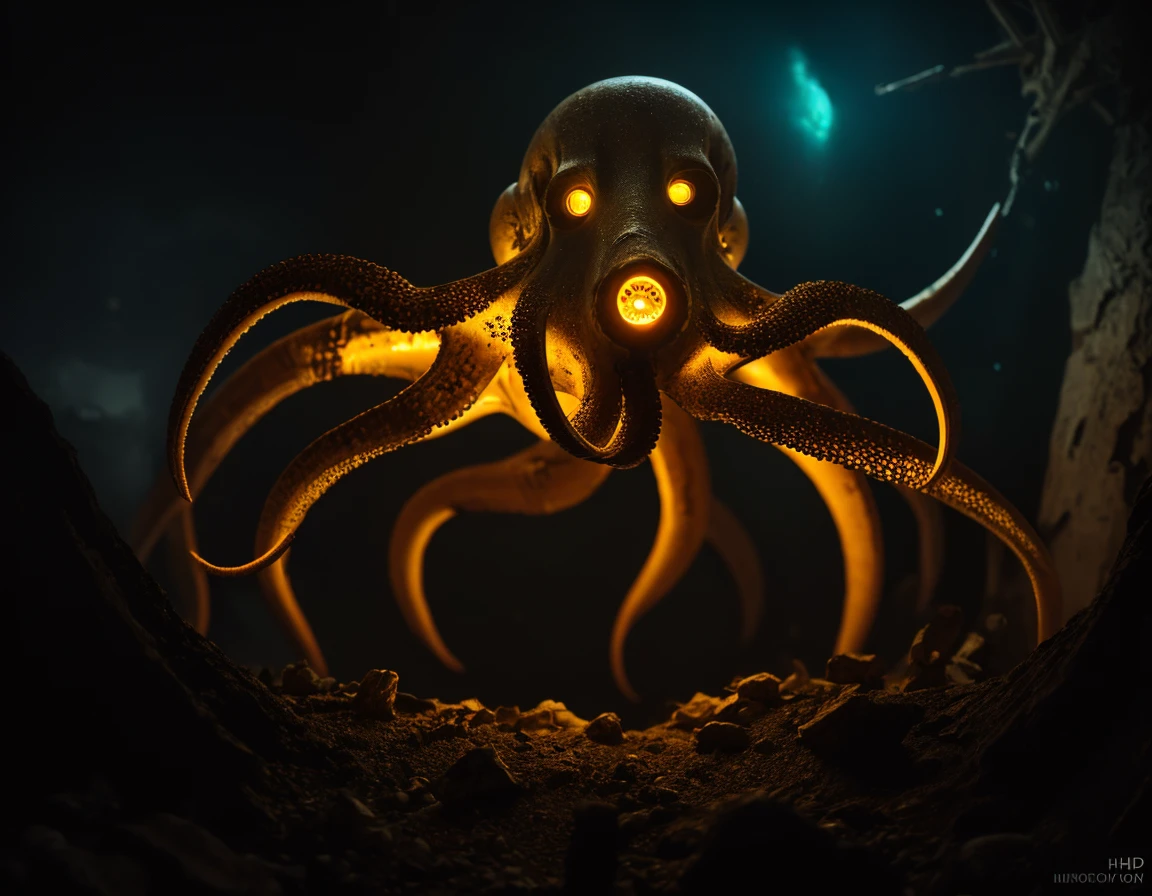 A illustration, digital painting, concept art, scene of Huge octopus cyborg, metallic bone exposed, ((drilling hole)) in abandon area, scary mode, yellow eyes glowing, fantasy, hyperrealistic, artstation, expansive, sci-fi, insanely complex, detailed, colorgrading, neon, 8k, HD, highly detailed, volumetric lighting, hard shadows, cinematic lighting, glowing light, <lora:kkw-realism-v1.4:.46>, kkw-ph-1, kkw-HDR, <lora:kkw-HDR-v1.0a:.7>