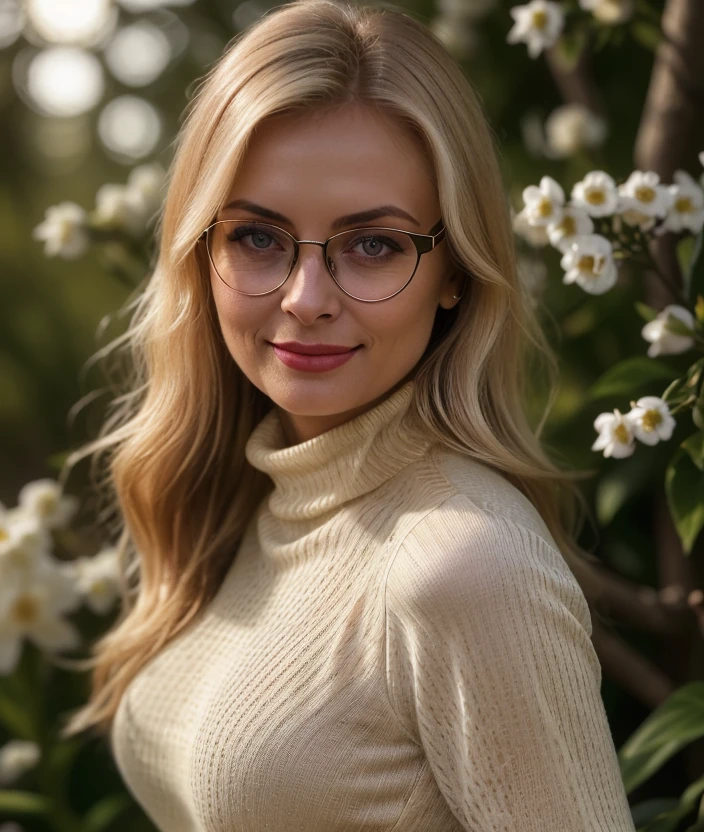 photo of (a7gn1) woman milf, RAW, nature, outdoor, Spectacular light, dress Turtleneck color intricate, (Colorful flowering), 8k, soft lighting, high quality, film grain, Olympus OM1 sharp focus, f 3.4, (eyeliner), (seductive pose), upper body, Glasses 