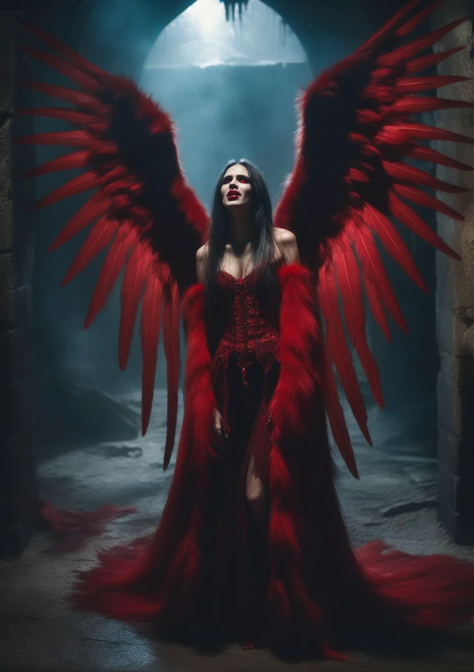 portrait of devastated cry angel with fallen wings haunting lullaby, wearing Bright Red, werewolf rugged fur, in gloomy cellar ancient battlefield with spectral soldiers, decaying teeth, mystical haze, demonic summoning phantasmal mirror