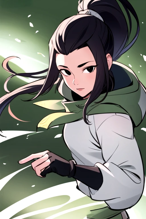 masterpiece, best quality, <lora:hamato_karai:0.7> 1girl, solo, looking at viewer, black hair, long hair, ponytail, black eyes, ponytail, hood down, white shirt, fingerless gloves, elbow gloves, black gloves, long sleeves, green background, green light, glowing, forehead, shoulder pads, pelvic curtain, sash, detailed, raytracing, ultra detailed,detailed face, 8k wallpaper,