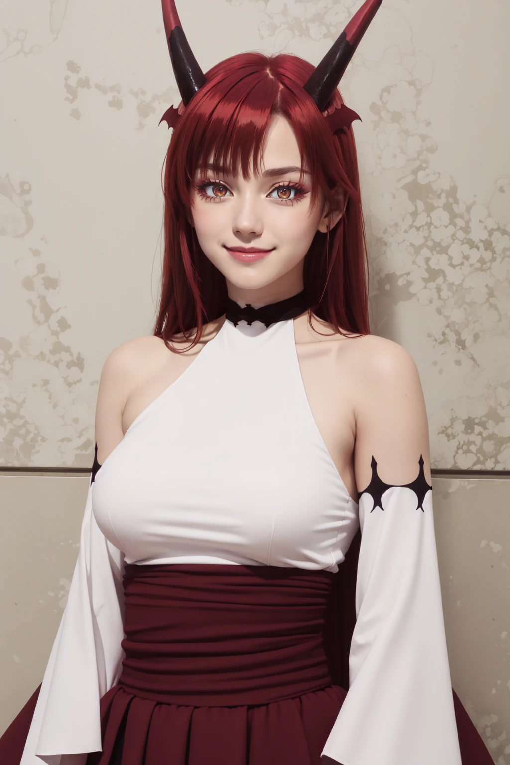 (masterpiece:1.3), (absurdres:1.3), (best quality:1.3), (ultra-detailed:1.3), upper body, looking at viewer, smile, outdoors, (peace sign:1.2), tania-fi, dragon horns, dragon tail, orange eyes, <lora:tania-fi-09:1>, bare shoulders, white shirt, detached sleeves, choker, dress, red skirt,