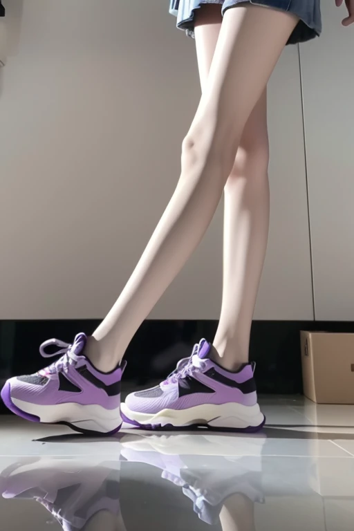 RAW photo,
8k uhd,dslr,soft lighting,high quality,film grain,(outdoors:1.5),(street:1.5),masterpiece,Fujifilm XT3,
slender leg,shoes,1girl,solo,legs,reflection,lower body,(purple shoes:1.2),sneakers,