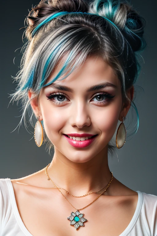 (masterpiece:1.21),(bestquality:1.21),8k,high detailed,ultra-detailed,depth of field,wide angle,1girl,beautiful face,Graceful Hands,Real Skin Texture,solo,looking at viewer,clean background trending,(portrait photo of a gray backdrop),black eyes,beautiful detailed eyes,random_color_lipstick,eyeliner,eyelashes,random_color_nail_polish,earrings,necklace,
Pastel blue Hair,hair bun,Kind Smile,High key lighting,shadow
<lora:Detail Slider V2 By Stable :0.4>