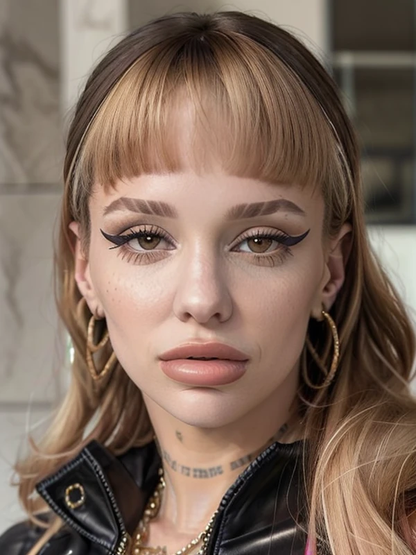gquality, <lora:joaqui-10:1> joaqui, 1girl, solo, looking at viewer, bangs, blonde hair, two-tone hair, earrings, parted lips, blunt bangs, piercing, portrait, realistic, eyeliner, makeup, black jacket, jacket