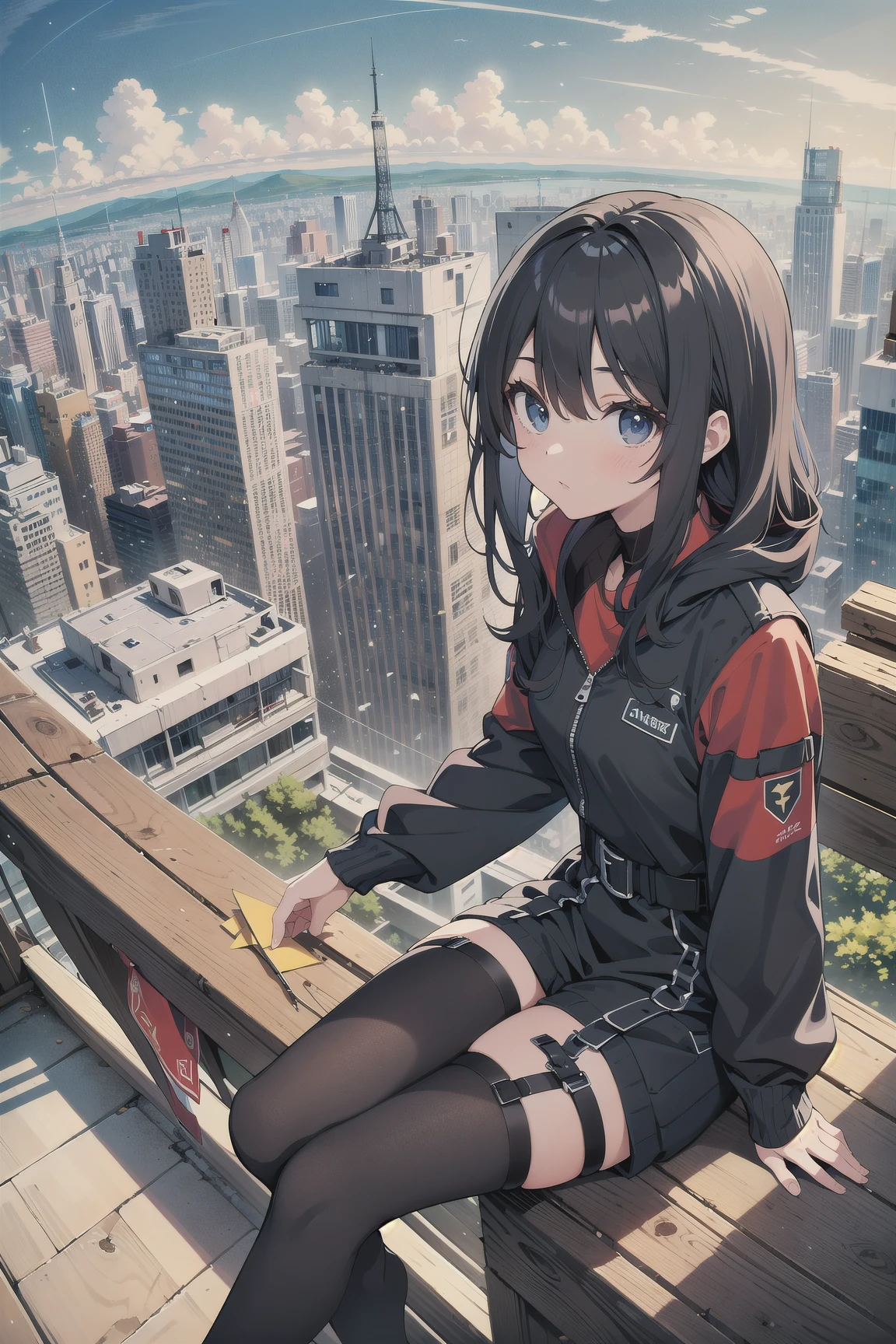 ((best quality, masterpiece, absurbres, super-resolution)) 1girl, sitting, Top of a building, sky scrapper, scenery, wide angle view, expensive