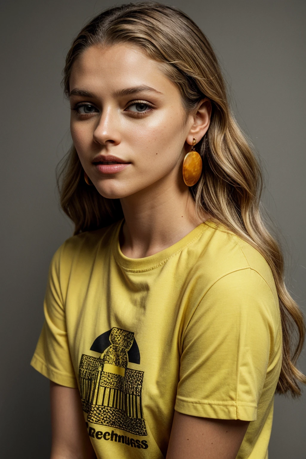 photo of (ryamp0lsky:0.99), closeup portrait, perfect blonde hair, (modern photo, Bright Green graphic tee), 24mm, (analog, cinematic, film grain:1.3), (space station:1.1), detailed eyes, (seductive pose), (epicPhoto), upper body, (looking at viewer), earrings