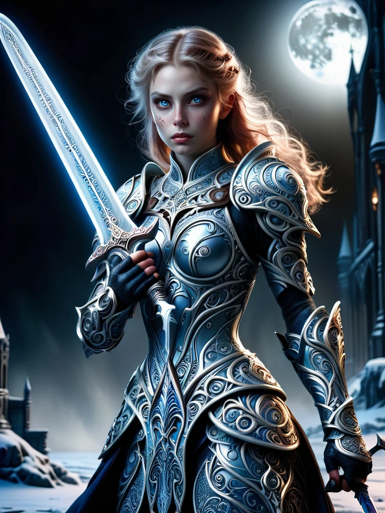 1girl, fantasy, warrior, intricate detailed victorian plate armor, night, (blood-moon:0.5), dramatic lighting, Dynamic light, Striking illumination, Deep depth of field, Sharp, (detailed face:1.3), (holding a frosted (ice sword:1.2)), (large intricate frosted shield:1.3), full view, ral-epochelves <lora:ral-epochelves-sdxl:1>