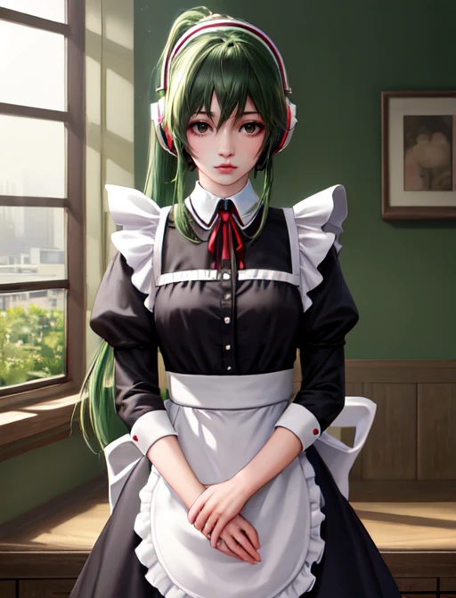 best quality, masterpiece, highres, detailed, digital artwork, <lora:Detail - add_detail:0.2>, CasiCharu, green hair, long hair, brown eyes, red headphones, android, robot joints, <lora:Character - CasiCharu:0.8>, court, stupid, maid uniform, ponytail,