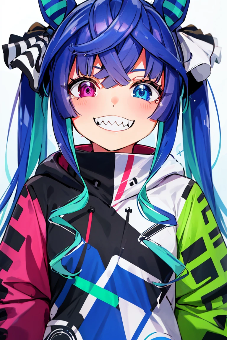 <lora:hoshino_fuuta_style:0.8>,((masterpiece,best quality)), absurdres, upper body portrait, <lora:Twin_Turbo_Umamusume:0.8>, Twin_Turbo_Umamusume,  aqua hair, twintails, heterochromia, purple eyes, blue eyes, sharp teeth, multicolored hoodie, solo, smiling, looking at viewer,