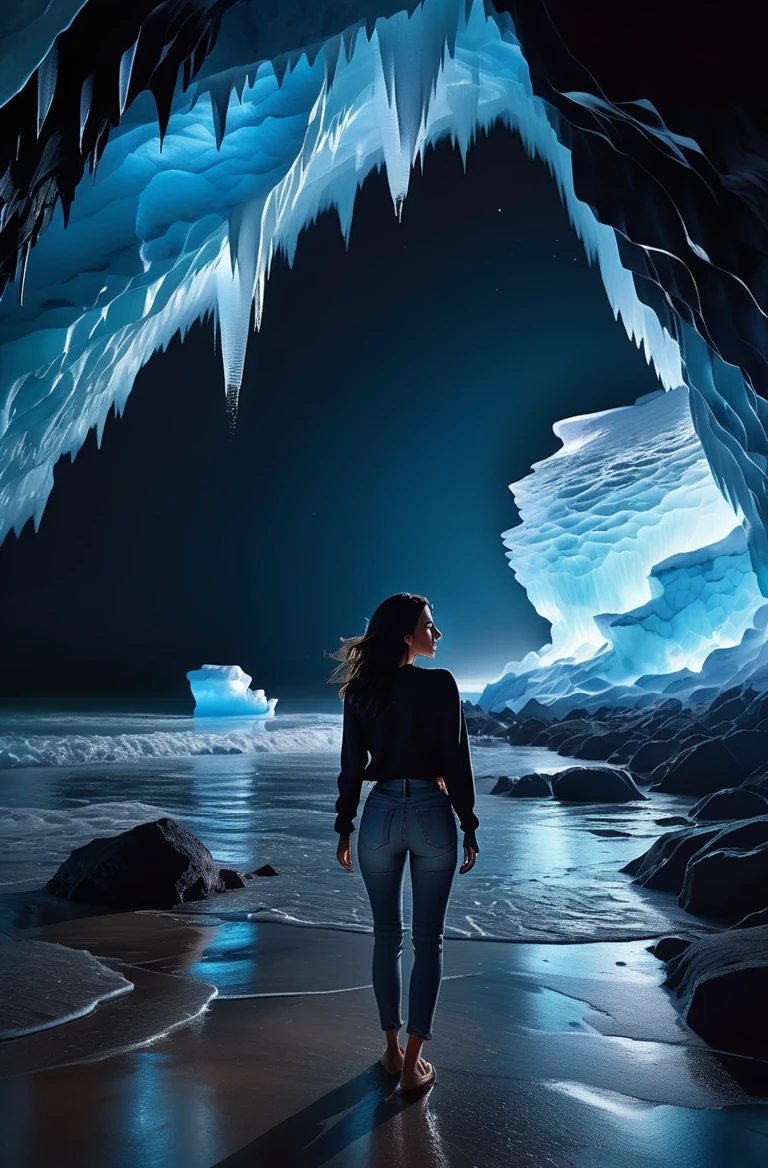 masterpiece of photorealism, photorealistic highly detailed 8k photography, best hyperrealistic quality, volumetric lighting and shadows, beach waves dark blue hair young woman in casual clothes, Glowing Ice Caves at Night full of busy people, Dynamic Aerial Panorama over Water