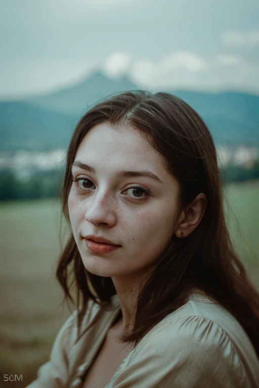 photograph of (Mona Lisa:0.6), countryside in the background, renaissance, film, 50mm, masterpiece, bokeh,detailed skin, warm light, amateur, pjw style <lora:pjw_style:1>