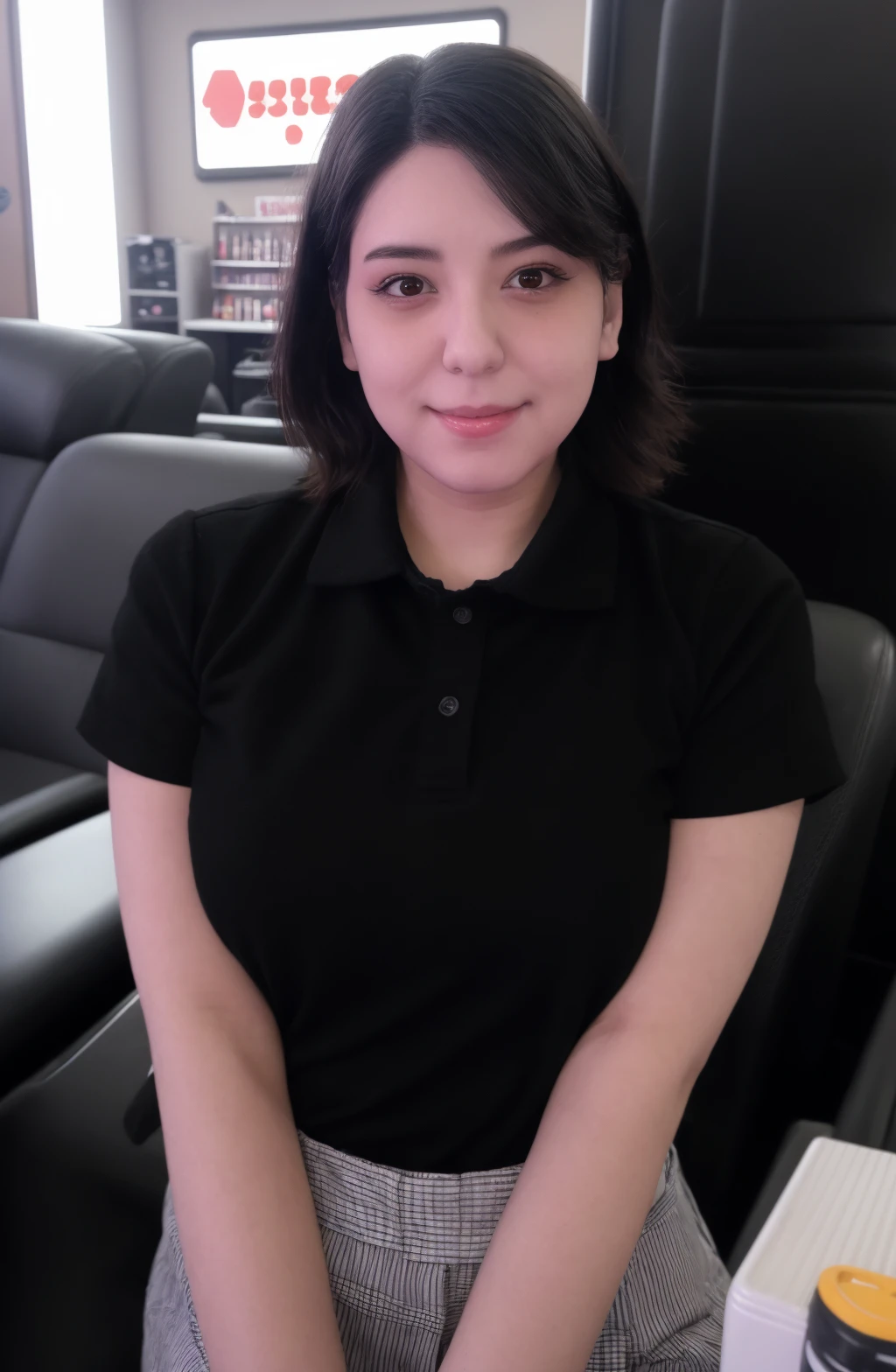 @BunnyAyu, BunnyAyumi \(Person)\, 1girl, smile, Black eyes, short hair, (black hair), closed mouth, looking at viewer, makeup, eyeliner, collared shirt, gas station attendant uniform, solo, upper body, background: movie movie theater interior, <lora:BunnyAyumi:1>