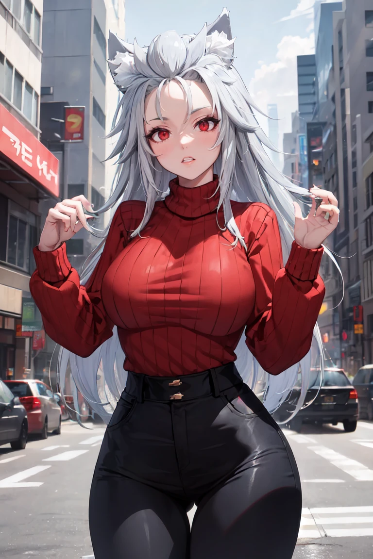 masterpiece, best quality, absurdres, ZentreyaWerewolf, red eyes, wolf ears, long hair, sweater, ribbed sweater, long sleeves, high-waist pants, outdoors, city, large breasts, <lora:ZentreyaWerewolf:0.8>