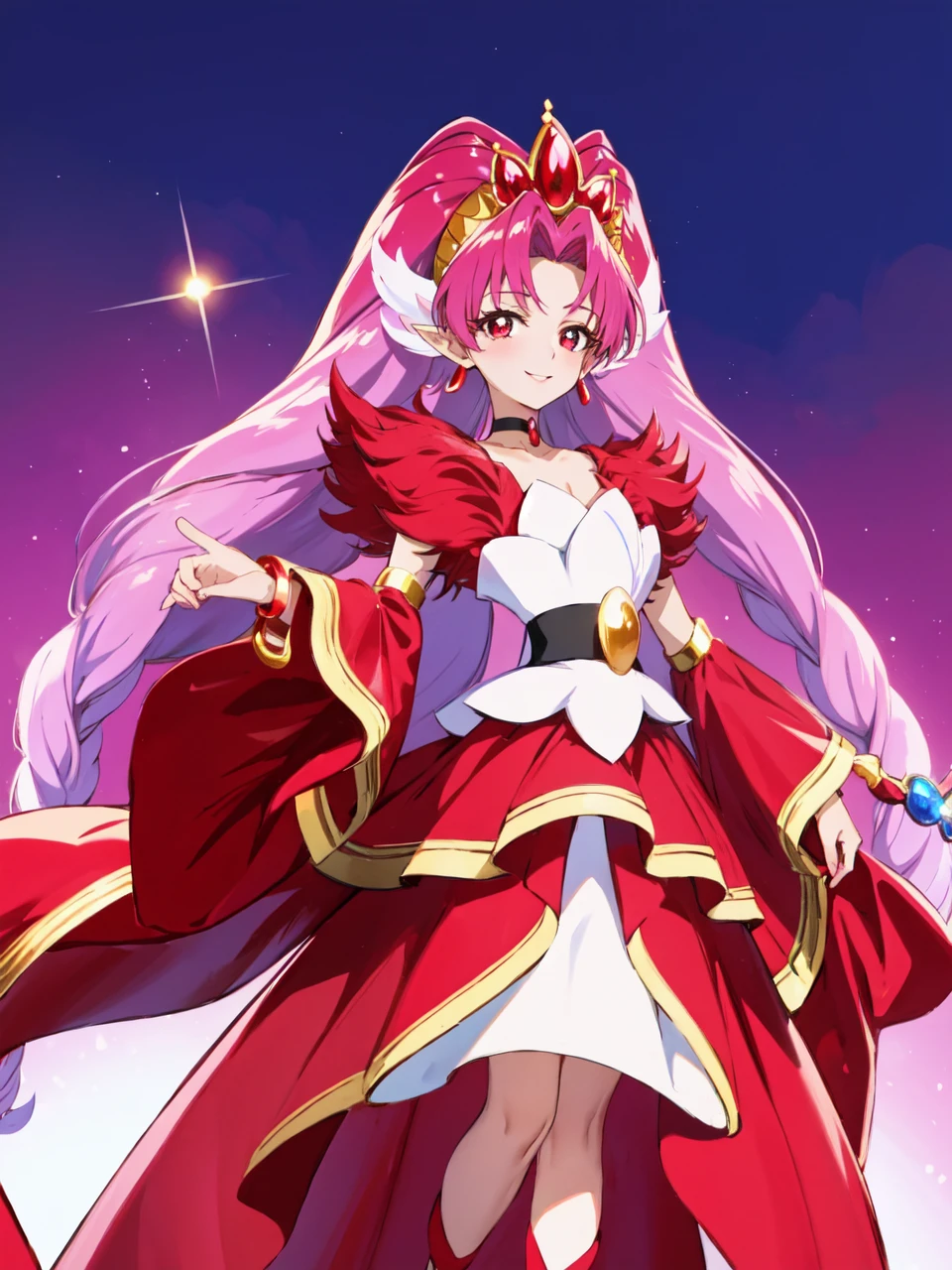 masterpiece, best quality, looking at viewer, depth of field, standing, full body,
1girl, <lora:locon_cure_scarlet_01:0.9>, cure scarlet, tiara, wide sleeves, black choker, earrings, bracelet, gem, red legwear, pointy ears, 
smile, ((gradient background)), lens flare,